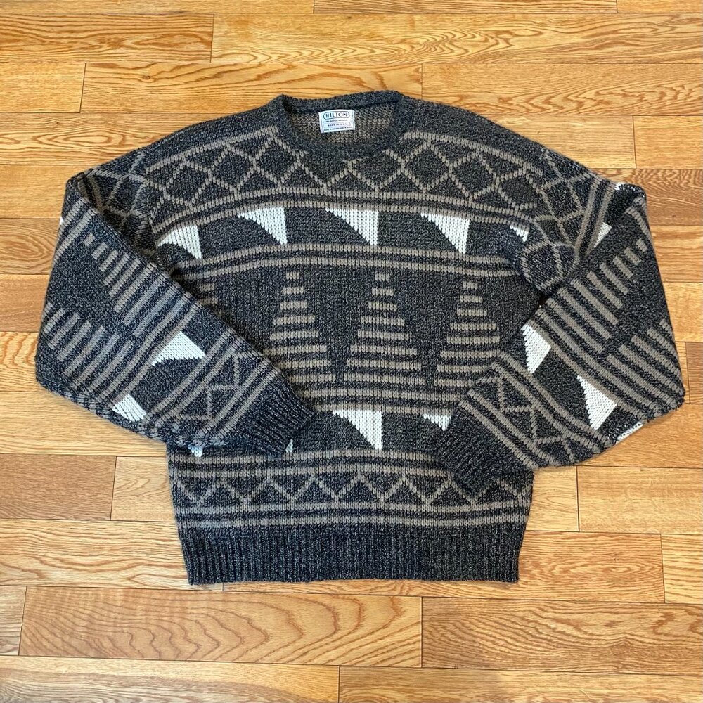 Vintage Hilton Men's Knit Grandpa Sweater Geometric Crew Neck Made in USA